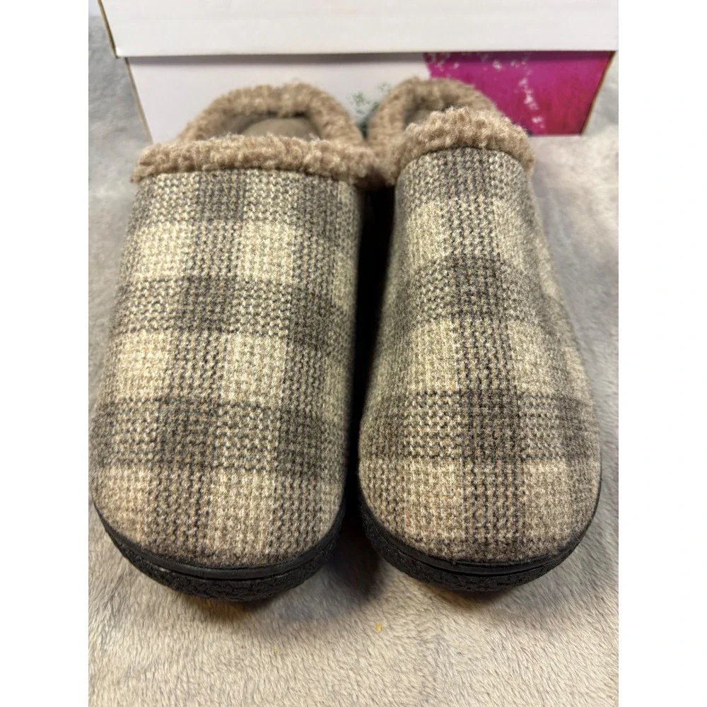 Isotoner Mens Plaid Clog Slippers Tan Brown Faux Fur Lined Size‎ 9.5-10.5